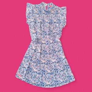 Simply Southern Blue & Pink Leaf Print Ruffle Sleeve Dress | Size Large